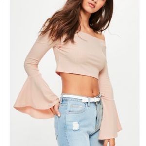 pink ribbed flare sleeve bardot top